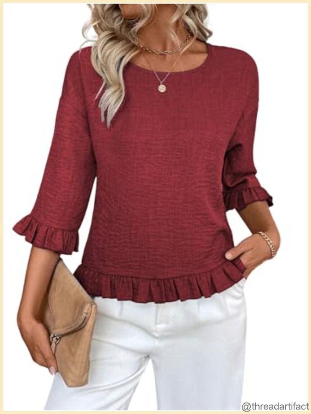 Womens Ruffle 3/4 Sleeve Linen Blouse Drop Shoulder Tunic Top Dressy Casual